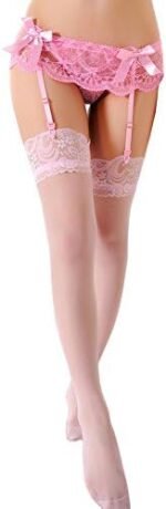 ⁦حزام وشرابات دانتيل باللون الأحمر والزهري – طقم لانجيري مثير للنساء⁩ - الصورة ⁦5⁩