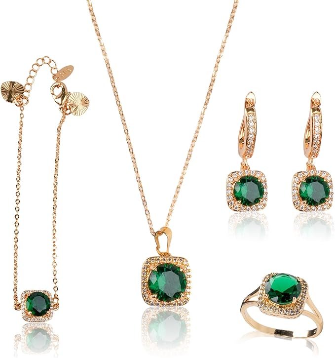 71VlU7EwJ6L._AC_SX679_ طقم ملكي مرصع بأحجار الزركون الخضراء - الصورة 1