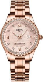 NIBOSI Women’s Rose Gold Diamond-Studded Watch – Japanese Quartz Movement with Calendar