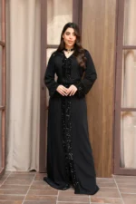 قفطان مغربي أسود فاخر بتفاصيل قليتر أنيقة وقصّة راقية