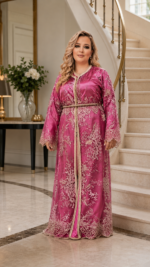 ⁦قفطان وردي الملكي بتطريز وشكّ خرز يدوي⁩ - الصورة ⁦2⁩