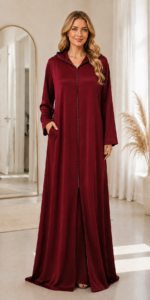 ⁦طقم قفطان عنابي من قطعتين – سادة ومزخرف⁩ - الصورة ⁦2⁩