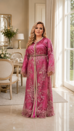 قفطان وردي الملكي بتطريز وشكّ خرز يدوي