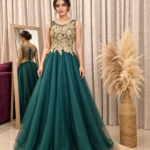 Chiffon Evening Dress with Gold Embroidery
