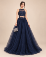 Dark Navy Chiffon Dress with Embellished Bodice - Image 2