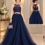 Dark Navy Chiffon Dress with Embellished Bodice