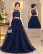 Dark Navy Chiffon Dress with Embellished Bodice