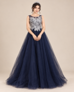 Royal Navy Dress with Silver Floral Hand Embroidery - Image 2