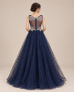 Royal Navy Dress with Silver Floral Hand Embroidery - Image 3