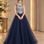 Royal Navy Dress with Silver Floral Hand Embroidery