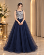 Royal Navy Dress with Silver Floral Hand Embroidery