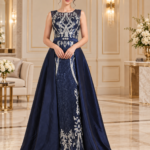 Royal Navy Satin Dress with Silver Hand Embroidery