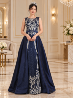 Royal Navy Satin Dress with Silver Hand Embroidery