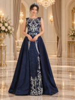 Royal Navy Satin Dress with Silver Hand Embroidery - Image 2