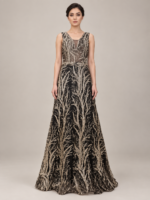 Black Evening Dress with Golden Branch Embroidery - Image 2