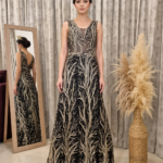 Black Evening Dress with Golden Branch Embroidery