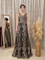 Black Evening Dress with Golden Branch Embroidery