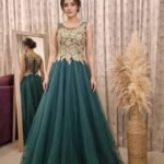 فستان زيتي ملكي بتطريز ذهبي