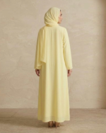 3 In 1 Pastel Yellow Floral Embroidered Pleated Abaya With Scarf For Women - Image 3