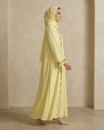 3 In 1 Pastel Yellow Floral Embroidered Pleated Abaya With Scarf For Women - Image 2