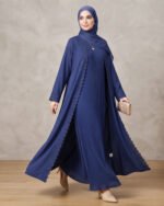 3 Pieces Premium Royal Blue Abaya Set With Inner Pleated Slip Dress And Sheila - Image 2