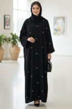 Elegant Black Embroidered Abaya for Women – Modest Long Sleeve V-Neck with Sheila - Image 2