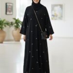 Elegant Black Embroidered Abaya for Women – Modest Long Sleeve V-Neck with Sheila