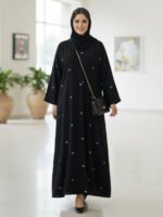 Elegant Black Embroidered Abaya for Women – Modest Long Sleeve V-Neck with Sheila