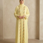 3 In 1 Pastel Yellow Floral Embroidered Pleated Abaya With Scarf For Women
