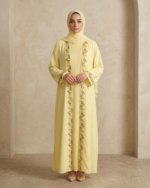 3 In 1 Pastel Yellow Floral Embroidered Pleated Abaya With Scarf For Women