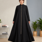 Women’s High-Neck Zipper Pleated Abaya With Scarf – Black & Dusty Purple