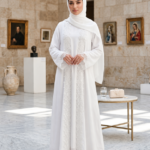 Luxury White Lace Embroidered Abaya Set with Inner & Scarf