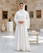 Luxury White Lace Embroidered Abaya Set with Inner & Scarf