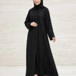 Luxury Black V-Neck Abaya with Beaded Lace Cuffs