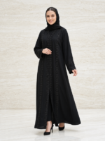 Luxury Black V-Neck Abaya with Beaded Lace Cuffs