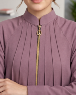 Women’s High-Neck Zipper Pleated Abaya With Scarf – Black & Dusty Purple - Image 8