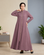 Women’s High-Neck Zipper Pleated Abaya With Scarf – Black & Dusty Purple - Image 7