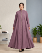Women’s High-Neck Zipper Pleated Abaya With Scarf – Black & Dusty Purple - Image 6