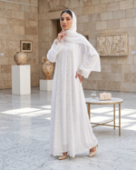 Luxury White Lace Embroidered Abaya Set with Inner & Scarf - Image 3