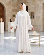 Luxury White Lace Embroidered Abaya Set with Inner & Scarf - Image 2