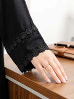 Luxury Black V-Neck Abaya with Beaded Lace Cuffs - Image 3