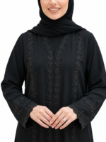 Luxury Black V-Neck Abaya with Beaded Lace Cuffs - Image 2